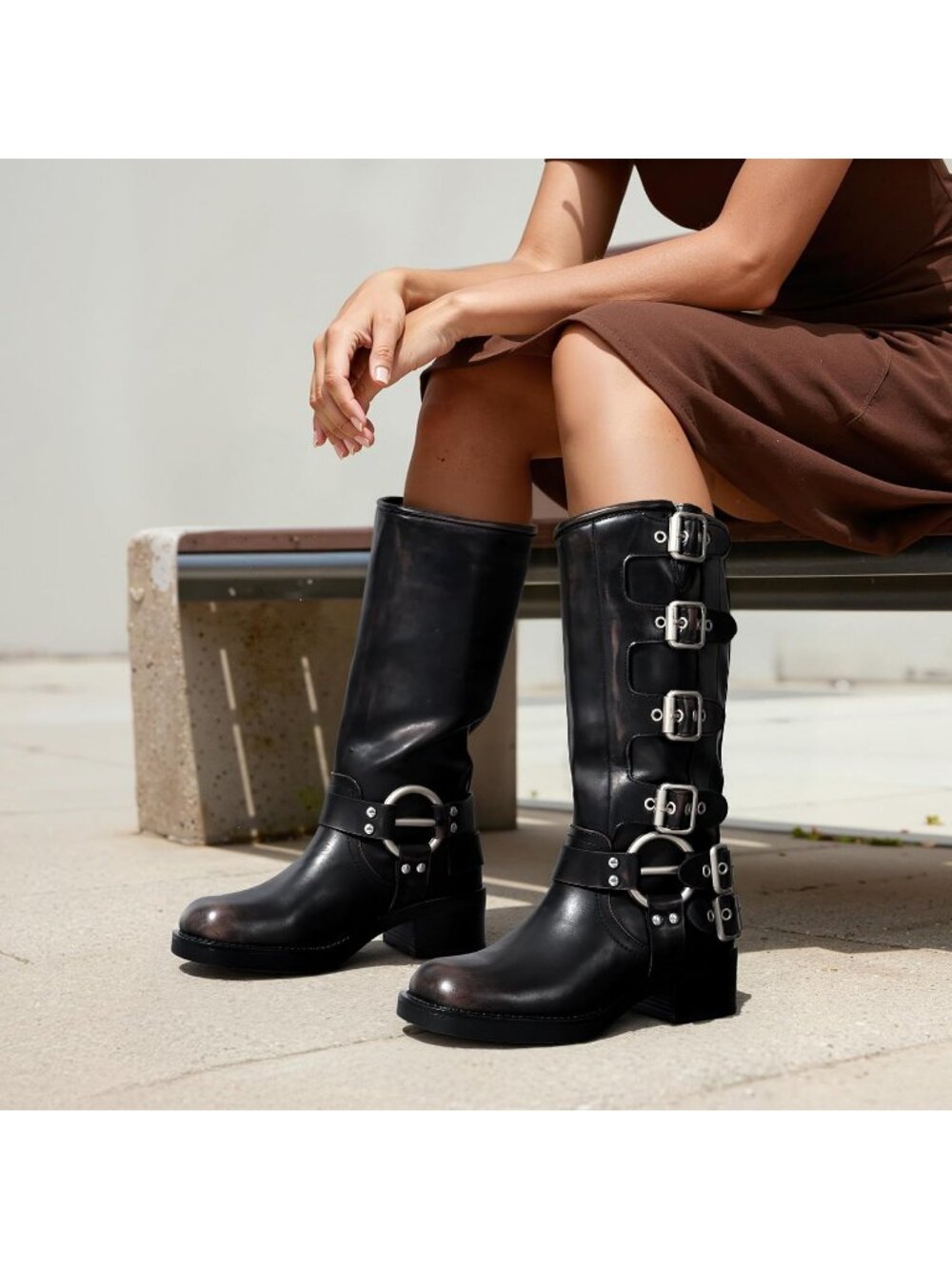 Women's Black/Brown Faux Leather Adjustable Buckles Chunky Heel Knee High Boots - Picture 3 of 6